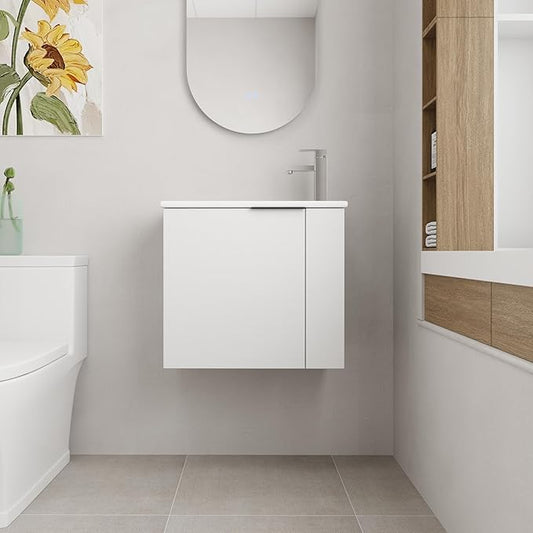 22 Inch Bathroom Vanity with Sink, 22" Wall Mounted Vanity Sink Combo for Small Space, Modern Bathroom Cabinet Set with Ceramic Basin Sink Top and Soft-Closing Door, White
