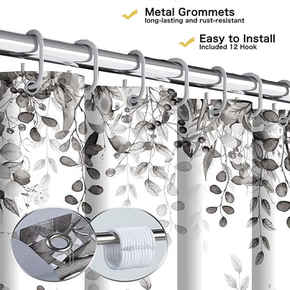 Extra Long Gray Eucalyptus Shower Curtain 72X84 Inch, Black and White Watercolor Plants Leaves Bathroom Curtains, Botanical Foliage Waterproof Fabric Cloth Shower Curtain Set with Hooks