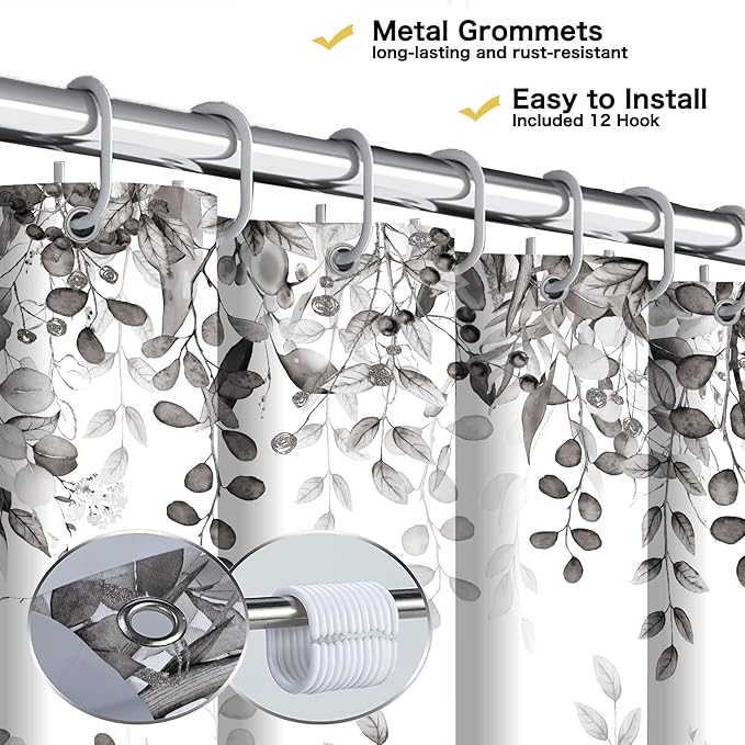 Black and White Eucalyptus Shower Curtain, Gray Watercolor Plants Foliage Floral Bathroom Curtains, Simple Botanical Leaves Waterproof Fabric Cloth Shower Curtain Set with Hooks 72X75 Inch