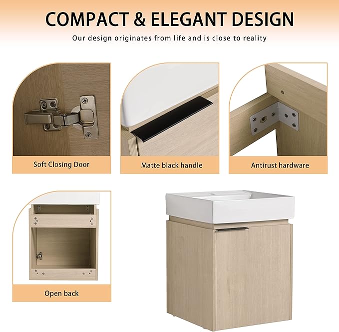 18" Bathroom Vanity with Sink, 18 Inch Floating Bathroom Vanity for Small Space, Modern Bathroom Vanity, Brown Wall Mounted Cabinet Set