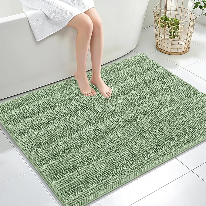 OLANLY Thick Large Bathroom Rugs 40x32, Chenille Bath Rugs, Sage Green | Absorbent Striped, Rubber Backing, Machine Wash Dry, Bath Mats for Bathroom Floor, Tub and Shower, Home Decor Accessories