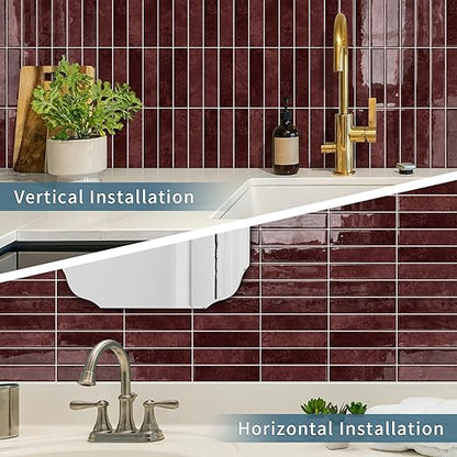 10 Sheets Upgraded Thicker Design Subway Tile Peel and Stick Backsplash | 12”×12”Self Adhesive Wall Tiles Stick on Back Splash for Kitchen,Bathroom,Camper(Vintage Red)