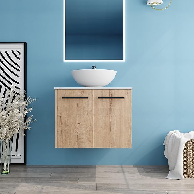 24" Floating Vanity with Sink, 24 Inch Bathroom Vanity with Sink, Modern Plywood Floating Cabinet with Sintered Stone Countertop and White Ceramic Basin, Soft Close Doors