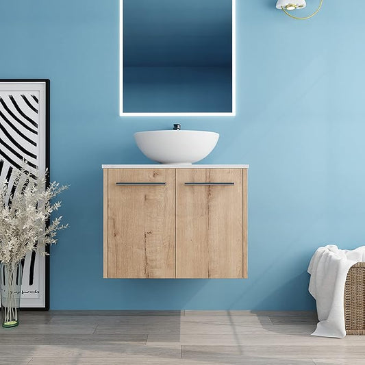 24" Floating Vanity with Sink, 24 Inch Bathroom Vanity with Sink, Modern Plywood Floating Cabinet with Sintered Stone Countertop and White Ceramic Basin, Soft Close Doors