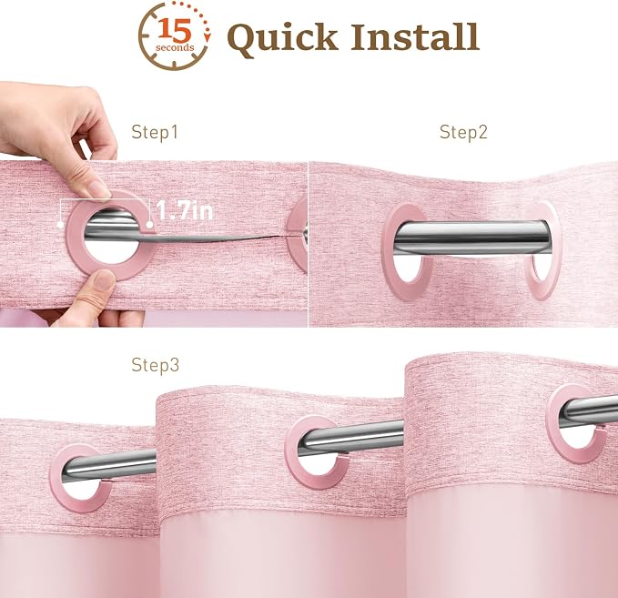 Pink Ringless Linen Textured Shower Curtain with Snap in Liner, 72x75 | 3 in 1 Hotel Shower Curtain Set, Removable Liner, Waterproof & Washable, Mesh Top Window, Durable Fabric, Easy to Install