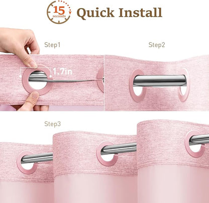 Pink Ringless Linen Textured Shower Curtain with Snap in Liner, 72x75 | 3 in 1 Hotel Shower Curtain Set, Removable Liner, Waterproof & Washable, Mesh Top Window, Durable Fabric, Easy to Install