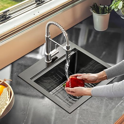 YITAHOME Black Drop In Kitche Sink Workstation, 15" Top Mount Stainless Steel Nano Gunmetal Black Small RV Sink with Cutting Board & Accessories for Workstation, Bar, 15 x 15 x 9 in