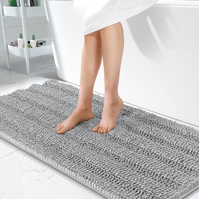 OLANLY Thick Bathroom Runner Rugs 47x24, Chenille Bath Rugs, Light Grey | Absorbent Striped, Rubber Backing, Machine Wash, Long Bath Mats for Bathroom Floor, Tub and Shower, Home Decor Accessories