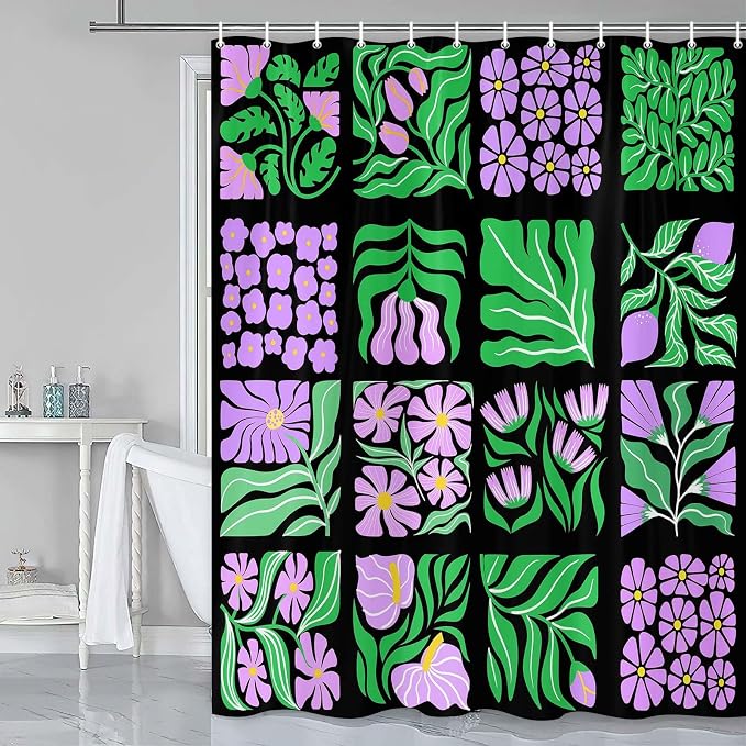 JAWO Purple Green Floral Shower Curtain for Women Girls, Vintage Abstract Boho Flower Bathroom Decor with Botanical Geometric Patterns, Retro Waterproof Fabric Shower Curtain Sets with Hooks, 70X70IN