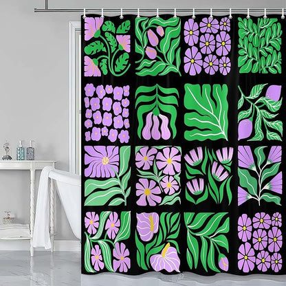 JAWO Purple Green Floral Shower Curtain for Women Girls, Vintage Abstract Boho Flower Bathroom Decor with Botanical Geometric Patterns, Retro Waterproof Fabric Shower Curtain Sets with Hooks, 70X70IN