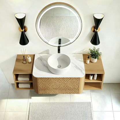 54 Inch Modern Bathroom Vanity with Ceramic Sink, Floating Bathroom Sink Cabinet with Sintered Stone Top&Solid Wood Hammered Frame, Single Bathroom Vanities w/Soft-Close Drawer&2 Side Open Cube