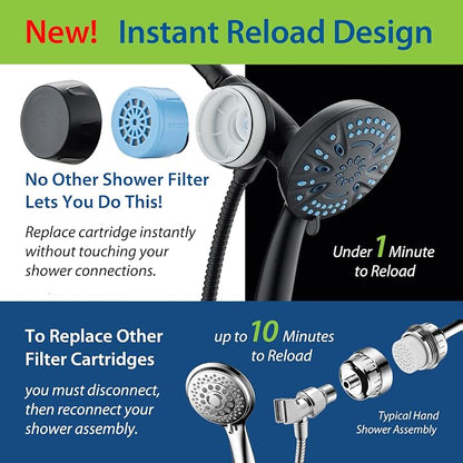 AquaCare Magneton 8-Mode High Pressure Handheld Shower Head w/Water Filter | Filters Chlorine & Toxins for Healthy Hair & Skin. Spaca-age Magnetic Docking, Hygienic Jets, Long 6 ft. Metal Hose / Black
