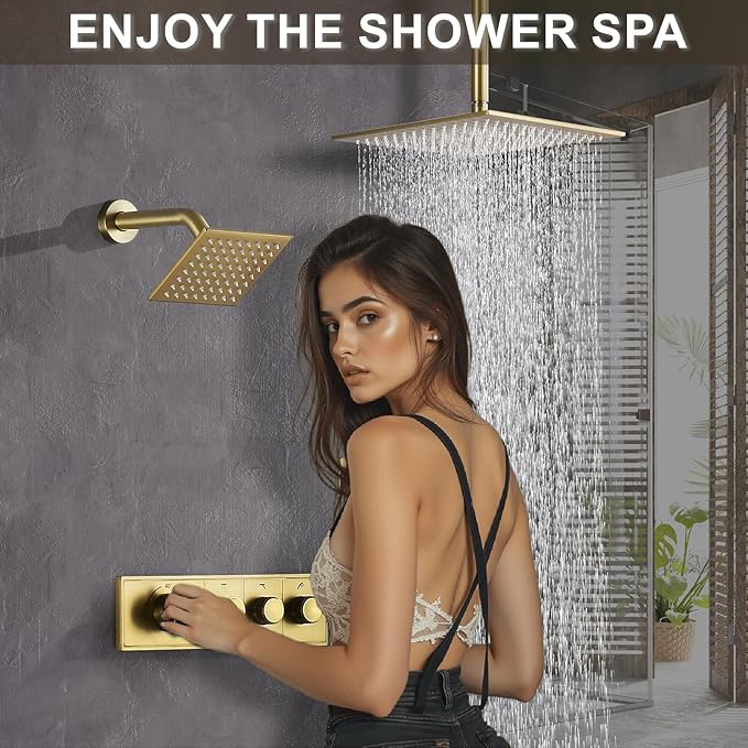 Shower System Modern Rain Brass Faucet Set With Valve and Diverter Shower Mixer With Handheld High Pressure Square Rainfall Shower Valve (12+6'' Wall Mount Thermostatic Valve, Brushed Gold)