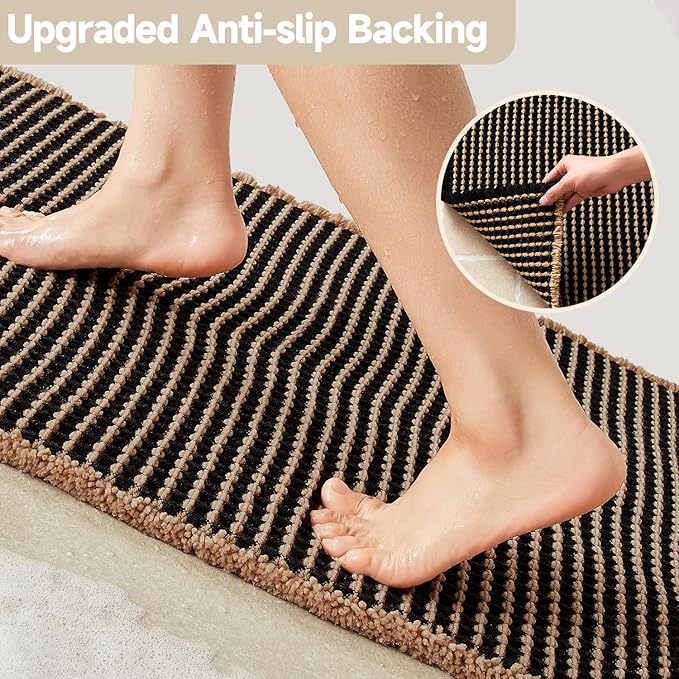 TYUU Waffle Runner Rug Bathroom, Long Boho Bath Mat, 60x24 Khaki & Black | Super Absorbent Quick Dry Bath Rug, Non-Slip Backing, Soft Waffle Washable Farmhouse Bathroom Mats, Tub, Shower & Home Decor