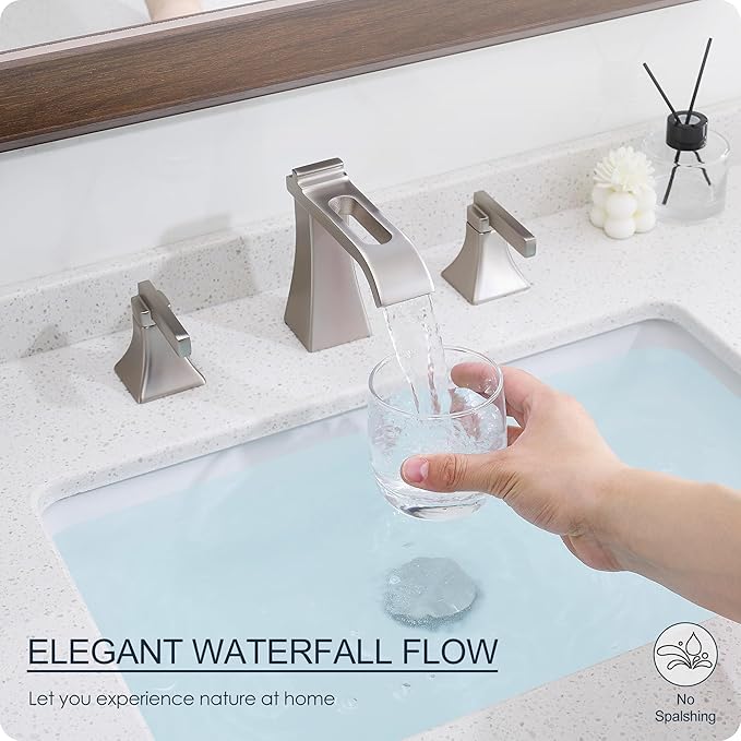 Brushed Nickel Bathroom Faucet 3 Hole, Brass Waterfall 8 Inch Widespread Bathroom Sink Faucet with Pop-Up Drain, cUPC Supply Hoses, 2 Handles for Vanity, Restroom, Modern Hollowed Design