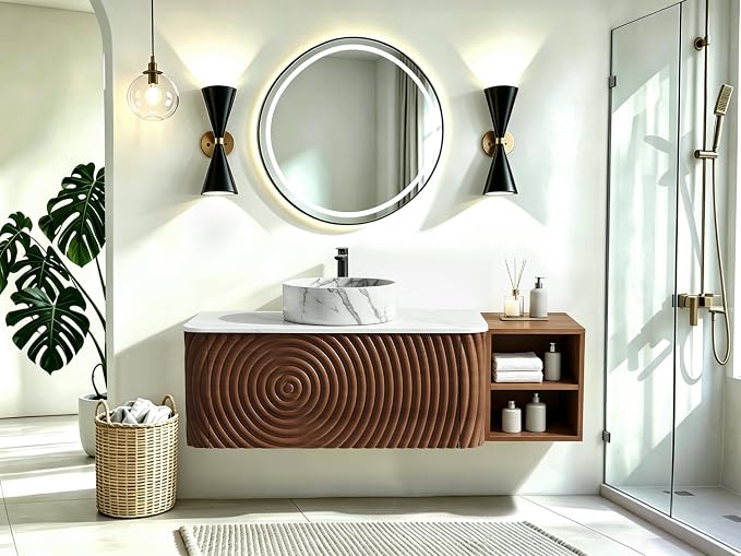 48" Floating Bathroom Vanity with Sink, Mid-Century Wall Mounted Bathroom Vanity Cabinet with Wood Waved Decor,Marble Ceramic Basin and Sintered Stone Top, Soft Close Drawer, Side Open Cube