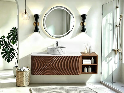 48" Floating Bathroom Vanity with Sink, Mid-Century Wall Mounted Bathroom Vanity Cabinet with Wood Waved Decor,Marble Ceramic Basin and Sintered Stone Top, Soft Close Drawer, Side Open Cube