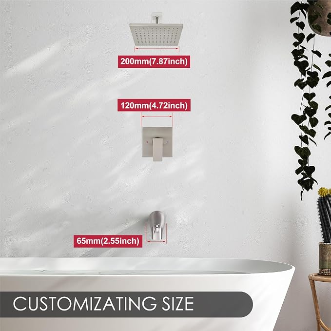 Heyalan 8-Inch Shower Faucet Set with Tub Spout and Valve,Brushed Nickel | 8-inch square rainfall head, tub spout with diverter, male-thread rough-in valve, single-handle control and wall-mount design