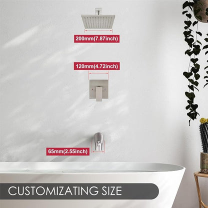 Heyalan 8-Inch Shower Faucet Set with Tub Spout and Valve,Brushed Nickel | 8-inch square rainfall head, tub spout with diverter, male-thread rough-in valve, single-handle control and wall-mount design