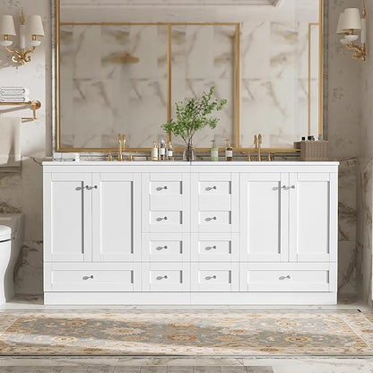 Harper & Bright Designs 72" Bathroom Vanity Set with Double Sink, Vanity Cabinet with 4 Cabinet Doors and 8 Drawers, Modern Design Solid Wood Bathroom Cabinet with Ceramic Basin for Bathroom, White