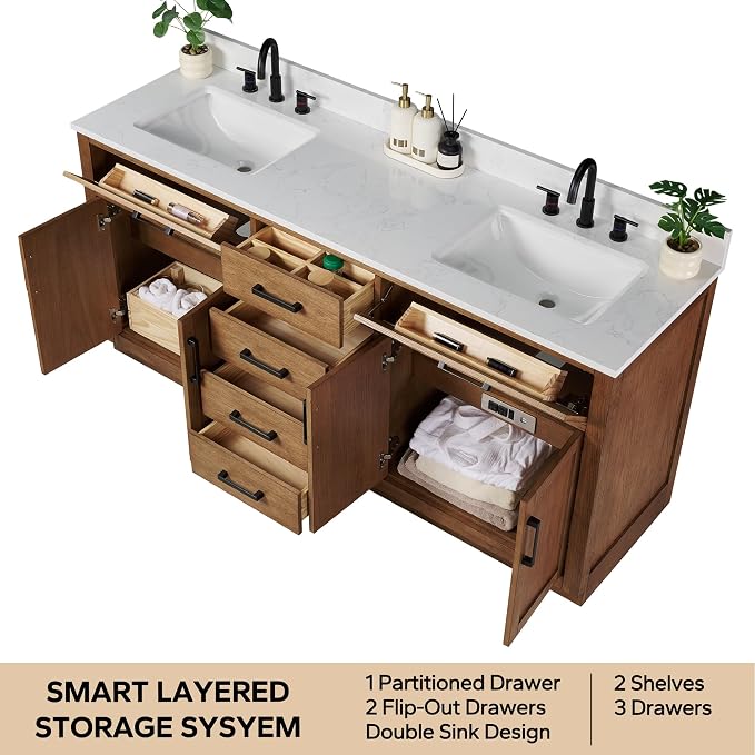 72-inch Dark Walnut Bathroom Vanity with 2 Sinks, Solid Wood, 0.79-inch Stone Countertop and Backsplash, 6 Drawers, 4 Soft Closing Doors