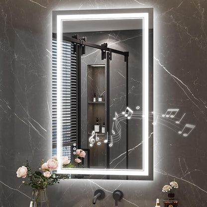 Keonjinn 40 x 24 Inch LED Bathroom Mirror with Lights, Bluetooth Speaker | Frontlit & Backlit Bluetooth Mirror Bathroom, Dimmable 3-Color Lights, HD Tempered Glass, Anti-Fog, CRI90+, Plug-in/Hardwired