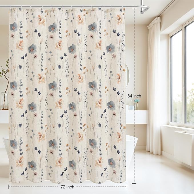Blue Linen Watercolor Floral Fabric Shower Curtain, 72x84 | Linen Fabric, Modern Minimalist Floral Print, Machine Washable, Rustproof Grommets, for Bathroom Home