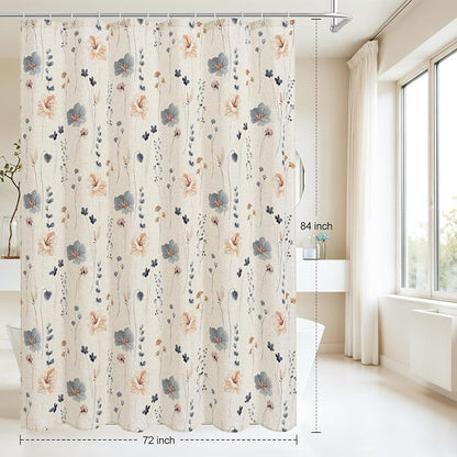 Blue Linen Watercolor Floral Fabric Shower Curtain, 72x84 | Linen Fabric, Modern Minimalist Floral Print, Machine Washable, Rustproof Grommets, for Bathroom Home