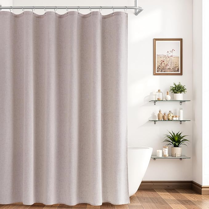 Linen Shower Curtain 72 Inch Long for Bathroom Boho Farmhouse Fabric Shower Curtains Set with Hooks Neutral Cloth Modern Cottage Core Waterproof 72x72,White
