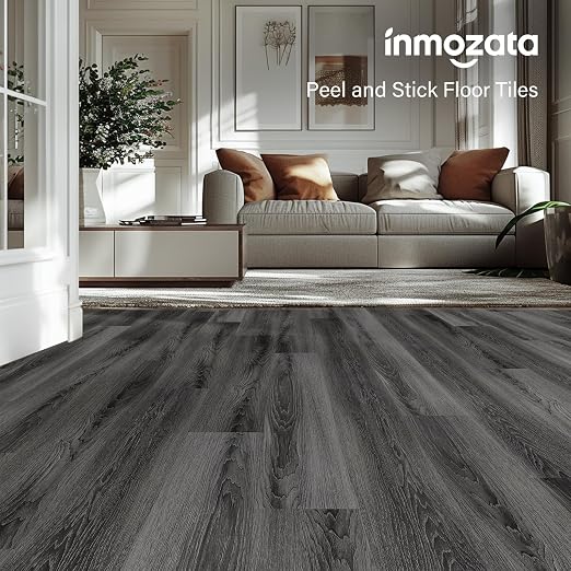 INMOZATA 36 Pack Peel and Stick Floor Tile Waterproof Vinyl Plank Flooring | 54 Sq.Ft, Heat-resistant, Wood Grain Self Adhesive Flooring for DIY Bedroom Living Room Bathroom Kitchen (Deep Gray)