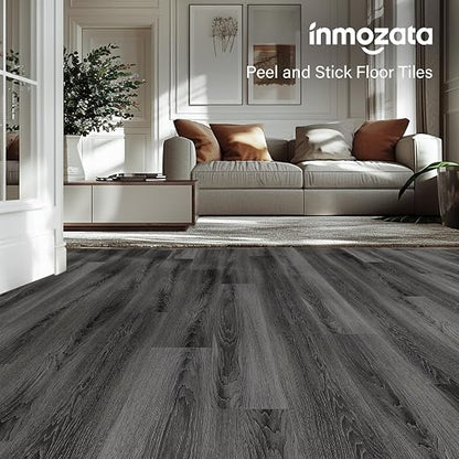 INMOZATA 36 Pack Peel and Stick Floor Tile Waterproof Vinyl Plank Flooring | 54 Sq.Ft, Heat-resistant, Wood Grain Self Adhesive Flooring for DIY Bedroom Living Room Bathroom Kitchen (Deep Gray)