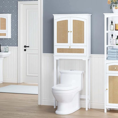 Spirich Over The Toilet Storage Cabinet with Rattan Doors, Over Toilet Bathroom Organizer with Tilt-Out Cube and Adjustable Shelf