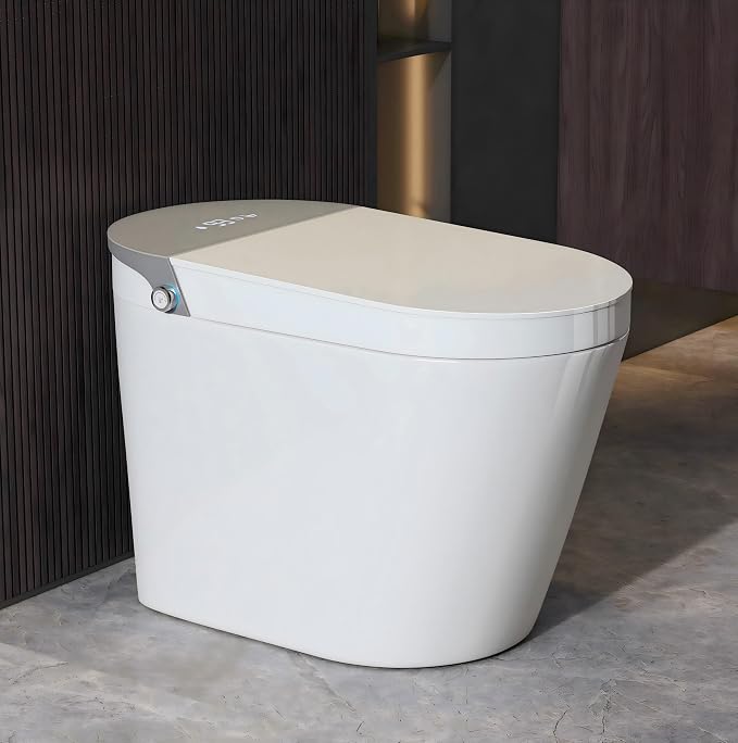 One Piece Smart Bidet Toilet, Wash & Dry, Heated Seat, White Gray | Off Seat Auto Flush, Foot Sensor Flush, Instant Warm Water, Adjustable Wash, Self Cleaning Wand, Pre Wet, Night Light