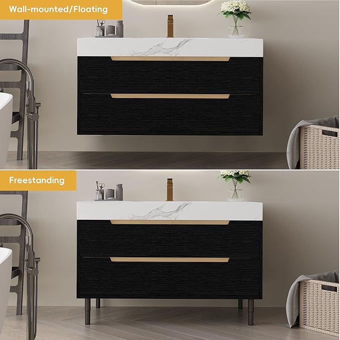 35.4" Freestanding Black Bathroom Vanity with Sintered Stone Countertop and Ceramic Basin Sink, Modern Bathroom Cabinet with 4 Soft Closing Drawers, Hidden Handle, Powder-Coated Metal Legs