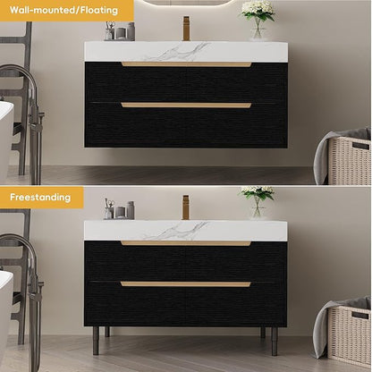 36" Bathroom Vanity with Undermount Sink Set, Modern Black 2-in-1 Wall Mounted & Freestanding Bathroom Vanity Cabinet with Sintered Stone top&4 Storage Drawers, Bathroom Single Sink Cabinet