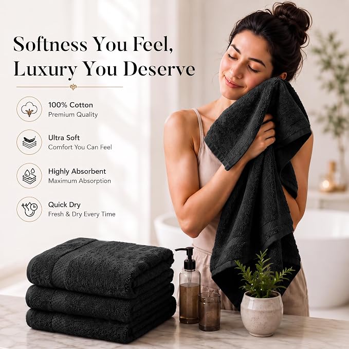 DAN RIVER 600 GSM Cotton Large Bath Towels Set of 4, 27 x 54 Inches, Black | Larger & Lighter Weight Towels for Bathroom - Highly Absorbent & Quick Dry 100% Cotton Bath Towel Set for Home, Spa & Hotel