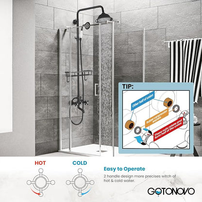 gotonovo Exposed Shower System with Spout,Matte Black,Shower Shelf | Brass Shower Faucet Set,8’’ Rain Head with Handheld Spray,Swivel Tub Spout,2 Cross Handle,6’’ Hole Distance,Adjustable Height