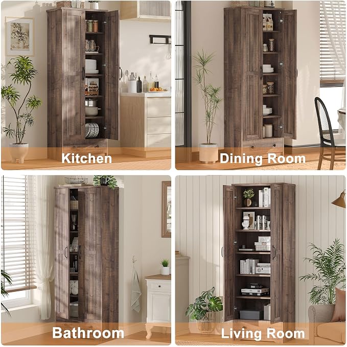 Decofy 70" Tall Storage Cabinets, Large Wood Storage Pantry Cabinet with 6 Adjustable Shelves, 2 Striped Doors & Drawer, Standing Utility Cabinet for Kitchen, Bathroom, Dining Room, Antique (Brown)