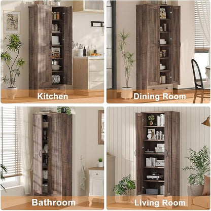 Decofy 70" Tall Storage Cabinets, Large Wood Storage Pantry Cabinet with 6 Adjustable Shelves, 2 Striped Doors & Drawer, Standing Utility Cabinet for Kitchen, Bathroom, Dining Room, Antique (Brown)