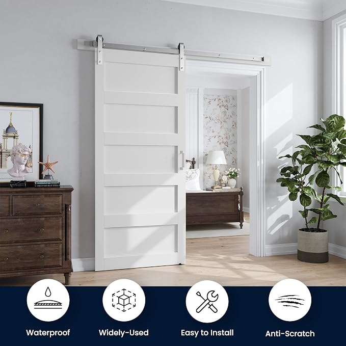 SMARTSTANDARD 36x84 inch White Barn Door with 6.6FT Silver Hardware Track | Solid MDF Slab, Waterproof PVC Surface, 5-Panel, Suitable for Openings up to 34in x 82in
