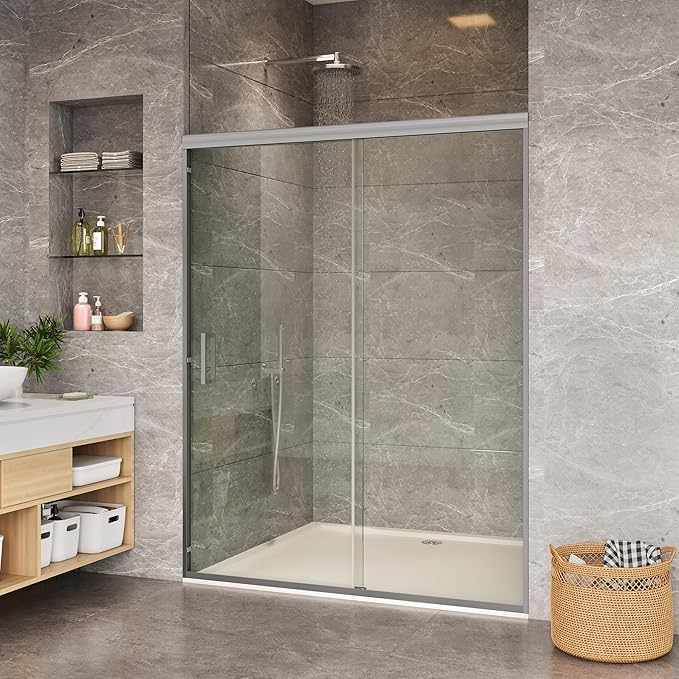 GarveeLife Framed Sliding Shower Door 56-60 Inch W x 72 Inch H– Aluminum Frame Full Coverage with Fixed & Sliding Tempered Glass Panels, 6mm Easy-Clean Coated Glass, Brushed Nickel Finish