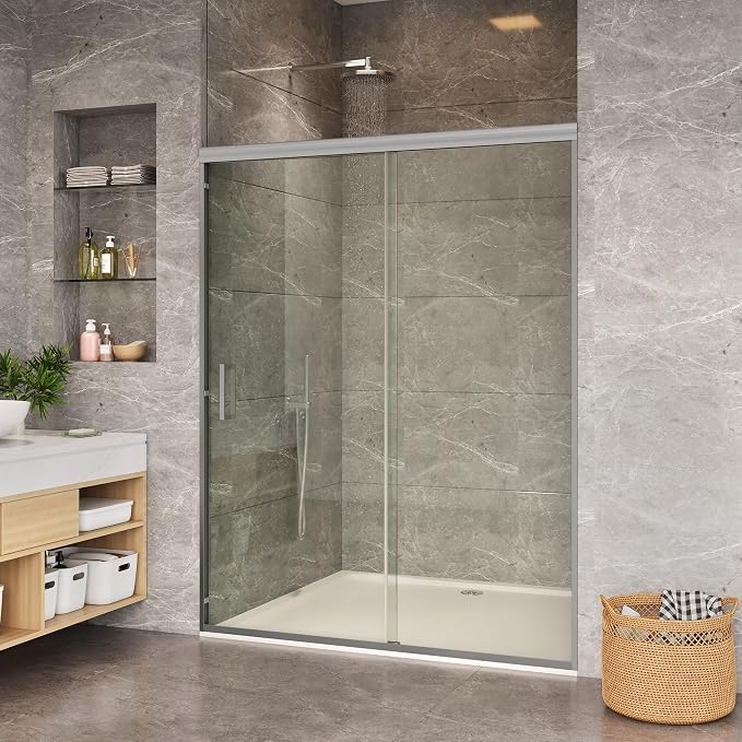 Framed Sliding Shower Door 56–60 Inch W x 72 Inch H – Double Sliding Glass Shower Enclosure with 6mm Tempered Glass, Easy-Clean Coating & Aluminum Alloy Frame, Brushed Nickel for Main Bathroom