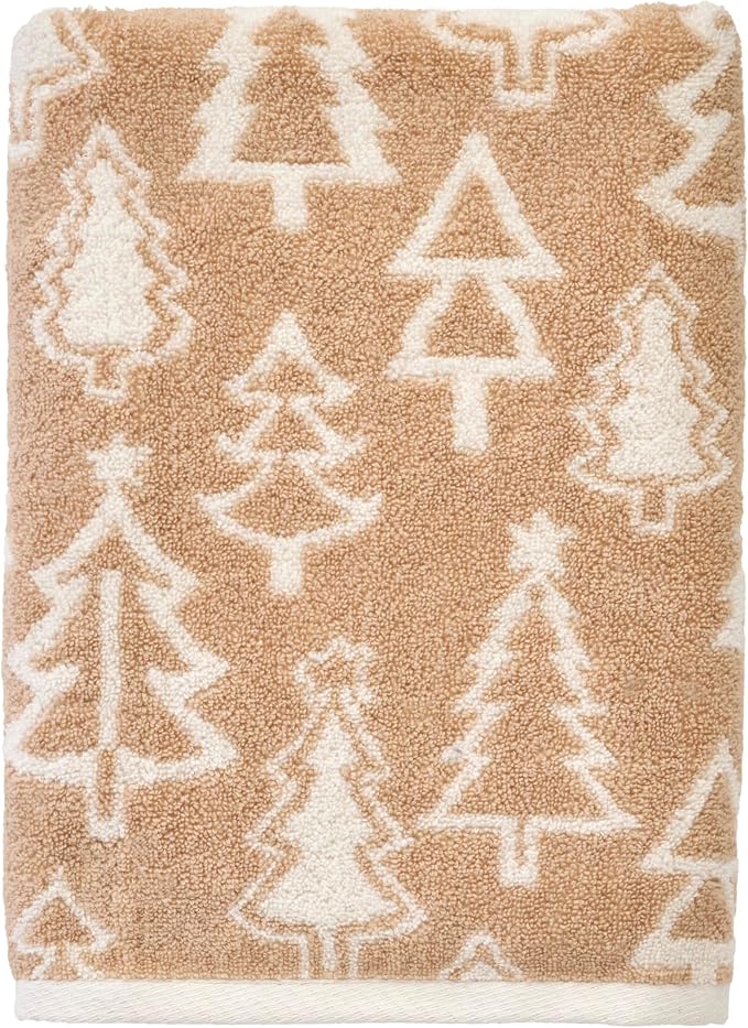 SKL Home Christmas/Winter Mod Tree Bath Towel, 100% Cotton, Tan | 500 GSM weight. Soft & absorbent. Reversible jacquard pattern. Great for holiday gifting.