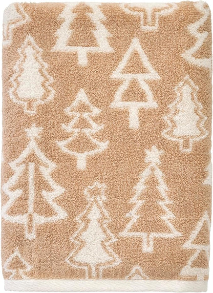 SKL Home Christmas/Winter Mod Tree Bath Towel, 100% Cotton, Tan | 500 GSM weight. Soft & absorbent. Reversible jacquard pattern. Great for holiday gifting.