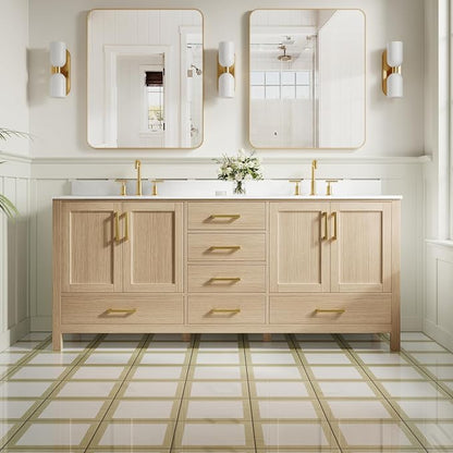 80-Inch Bathroom Vanity with Sink, 4 Soft-Close Doors and 6 Soft-Close Drawers, Bathroom Freestanding Vanity with Cultured Marble Countertop, Oak Vanity W/Gold Handles
