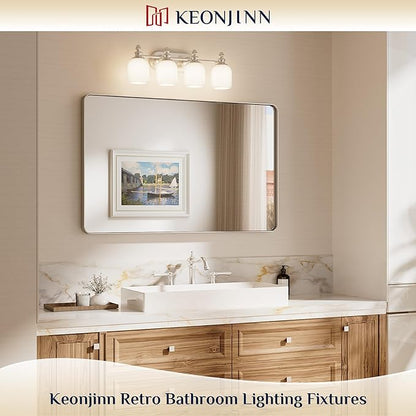 Keonjinn Brushed Nickel Bathroom Light Fixtures, 4-Light Vintage Vanity Lights for Mirror with Frosted Glass Shades, UL Listed E26 Base Reversible Vanity Lighting Fixtures for Wall(Bulbs Not Included)