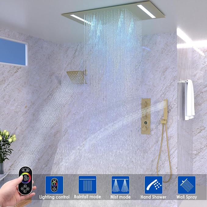 Luxury 20x14in LED Rainfall Mist Dual Shower System Can Run Togther | Brushed Gold 4-way Thermostatic Digital Display Brass Valve, Ceiling Flush Showerhead and 6in Tilt Shower, Brass Handheld