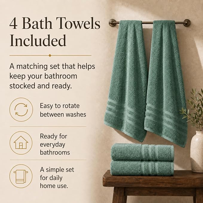 Velqora Bath Towels, 4 Pack, 30x60 in, 100% Cotton, Soft, Sage Green | Absorbent Terry | Balanced Weight | Easy Care