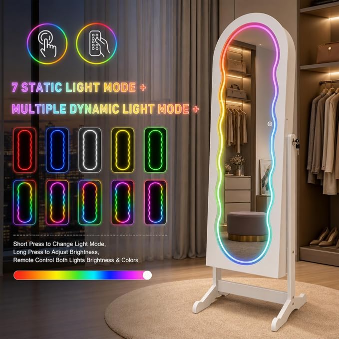 Fiqevs RGB Mirror Jewelry Cabinet, Remote Control LED Mirror with Storage | Arched Standing Jewelry Armoire with Full Length Wavy Mirror, Lockable, Spacious Storage Organizer, Gift Idea, White