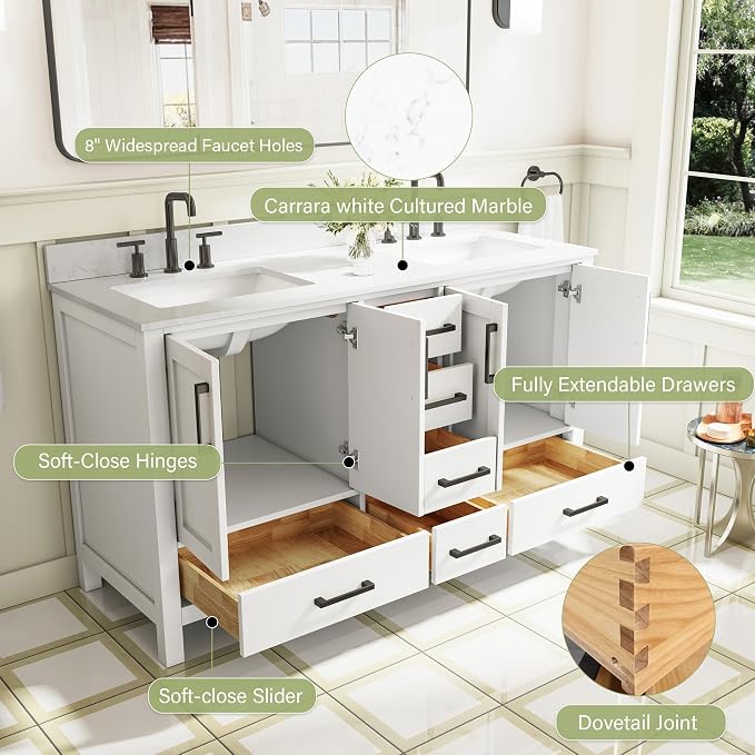 60-Inch Bathroom Vanity with Sink, 4 Soft-Close Doors and 6 Soft-Close Drawers, Bathroom Freestanding Vanity with Cultured Marble Countertop, White Vanity with Matte Black Handles